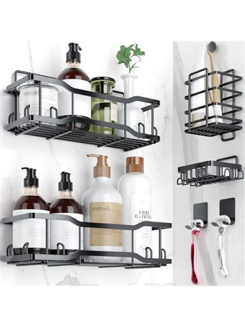 Black Shower Caddy Organizer Adhesive No Drill Stainless Steel Bathroom Shelf